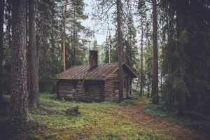 Ein Holzhütte im dunklen Wald.